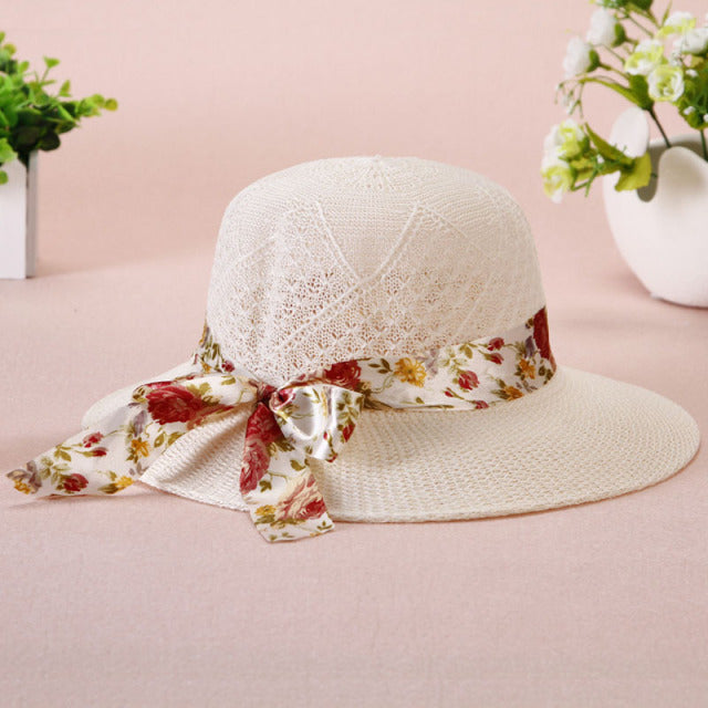 Summer Girls Sun Hats Wide Brim Bowknot Straw Hat with Ribbon-Summer Hats-Arimonz-white-Arimonz