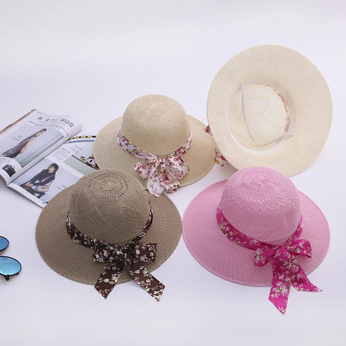 Summer Girls Sun Hats Wide Brim Bowknot Straw Hat with Ribbon-Summer Hats-Arimonz-Arimonz
