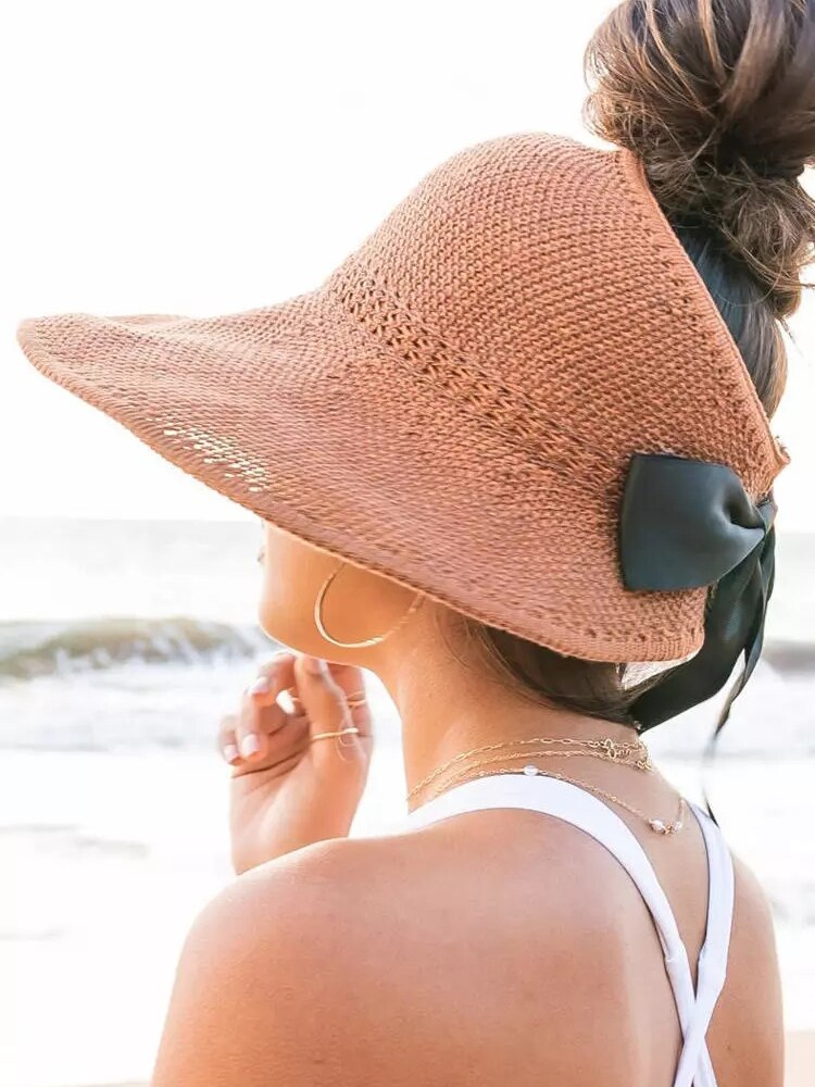 Summer Hats Foldable Hollow Out Sun Visor Straw Wide Brim Beach Hat-Women's Caps-Arimonz-Arimonz