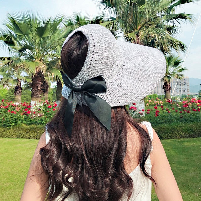 Summer Hats Foldable Hollow Out Sun Visor Straw Wide Brim Beach Hat-Women's Caps-Arimonz-Gray-Arimonz