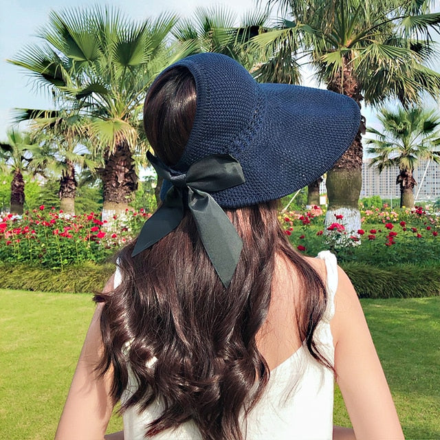 Summer Hats Foldable Hollow Out Sun Visor Straw Wide Brim Beach Hat-Women's Caps-Arimonz-Navy Blue-Arimonz