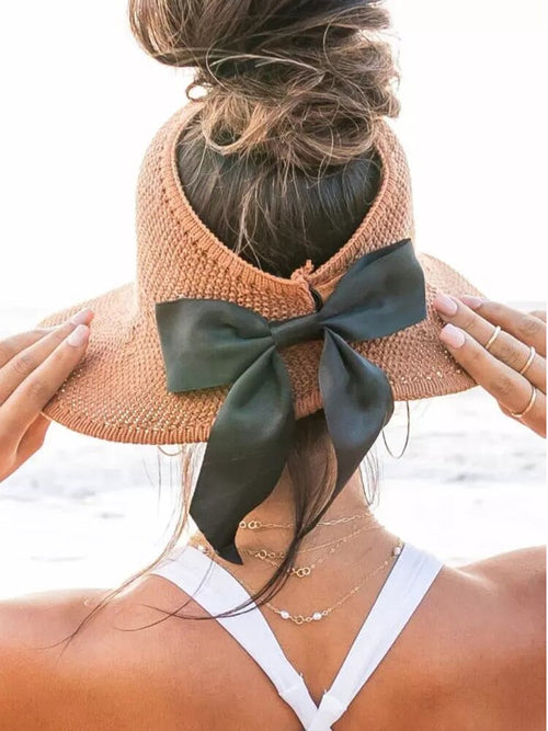 Summer Hats Foldable Hollow Out Sun Visor Straw Wide Brim Beach Hat-Women's Caps-Arimonz-Arimonz