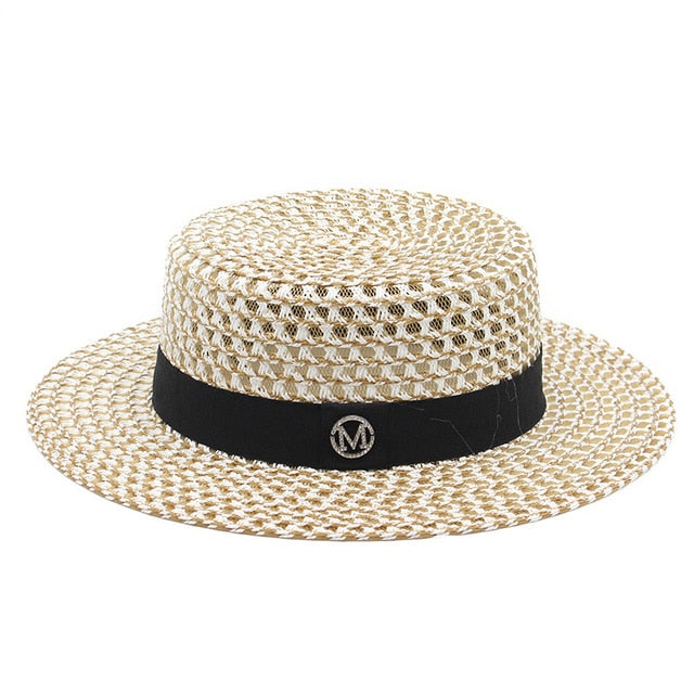 Summer Sun Hat letter M Straw Hat Visor Temperament Flat Panama Hats-Summer Hats-Arimonz-Khaki-size 56-58cm/22-22.8inches-Arimonz
