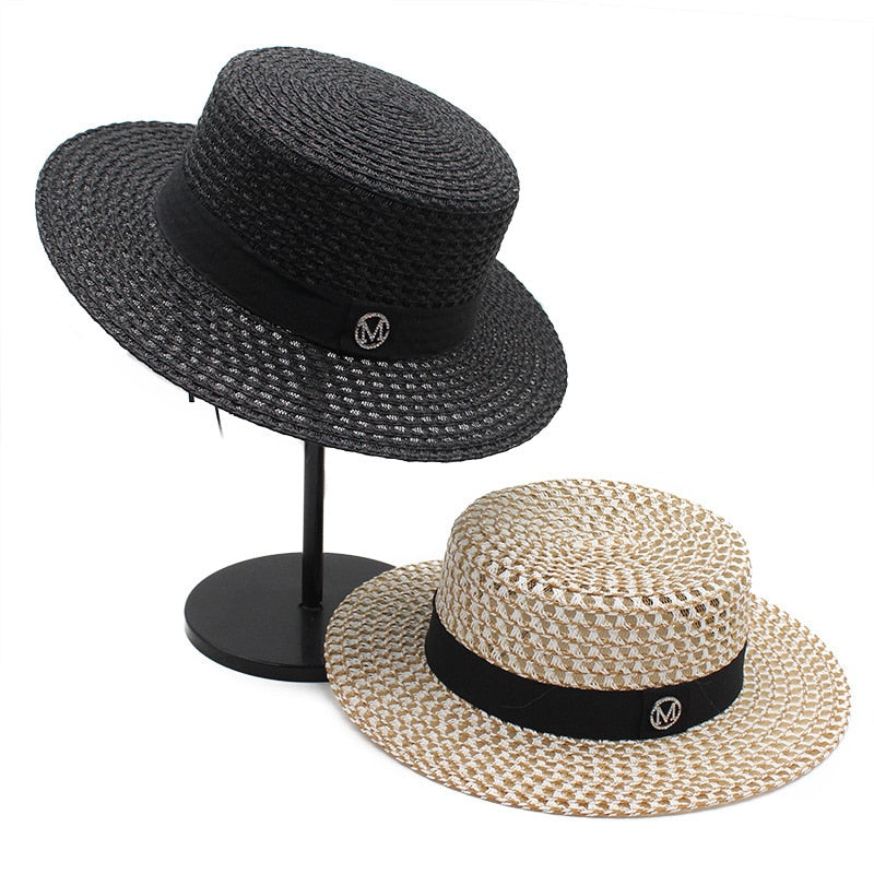 Summer Sun Hat letter M Straw Hat Visor Temperament Flat Panama Hats-Summer Hats-Arimonz-Arimonz