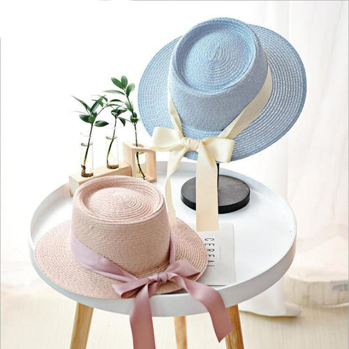 Summer Sun Hats Straw Hat Ribbon Bow Beach Hat Casual Straw Flat Top-Summer Hats-Arimonz-Arimonz