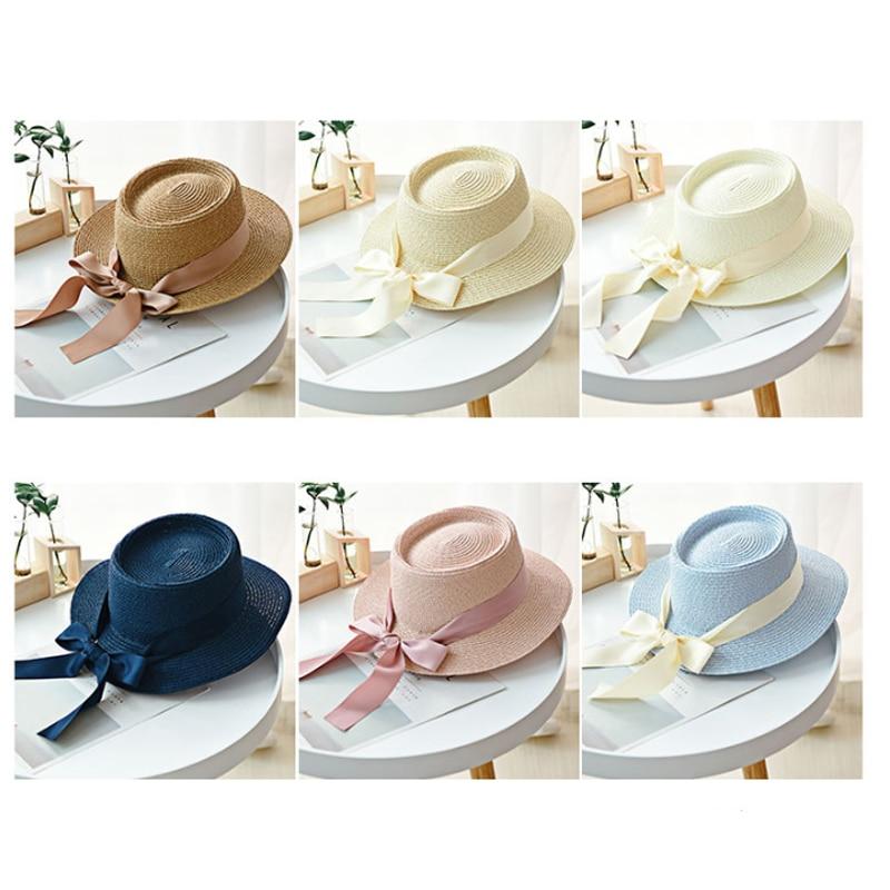 Summer Sun Hats Straw Hat Ribbon Bow Beach Hat Casual Straw Flat Top-Summer Hats-Arimonz-Arimonz