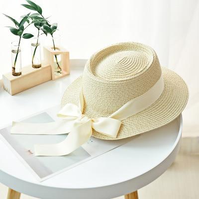 Summer Sun Hats Straw Hat Ribbon Bow Beach Hat Casual Straw Flat Top-Summer Hats-Arimonz-beige-Arimonz