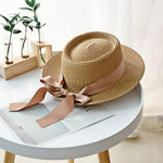 Summer Sun Hats Straw Hat Ribbon Bow Beach Hat Casual Straw Flat Top-Summer Hats-Arimonz-Khaki-Arimonz