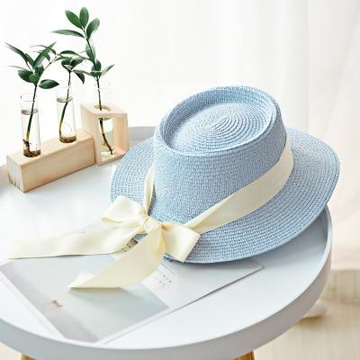 Summer Sun Hats Straw Hat Ribbon Bow Beach Hat Casual Straw Flat Top-Summer Hats-Arimonz-light blue-Arimonz