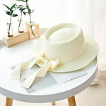 Summer Sun Hats Straw Hat Ribbon Bow Beach Hat Casual Straw Flat Top-Summer Hats-Arimonz-milk white-Arimonz