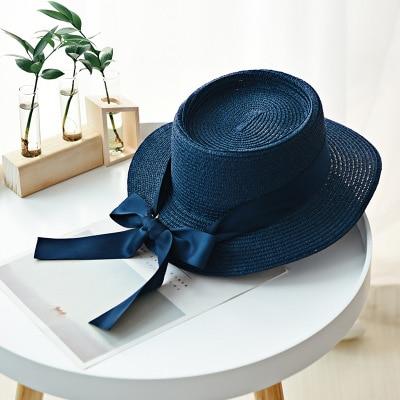 Summer Sun Hats Straw Hat Ribbon Bow Beach Hat Casual Straw Flat Top-Summer Hats-Arimonz-navy-Arimonz
