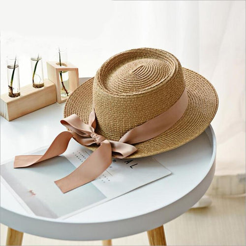 Summer Sun Hats Straw Hat Ribbon Bow Beach Hat Casual Straw Flat Top-Summer Hats-Arimonz-Arimonz