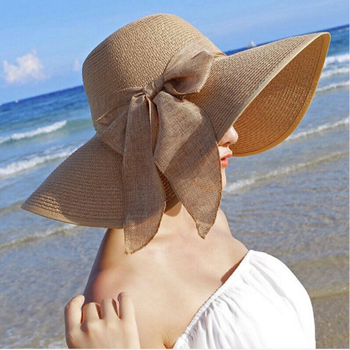 Summer Women Bowknot Wide Brim Panama Hat Outdoor Foldable Beach Hat-Summer Hats-Arimonz-Arimonz