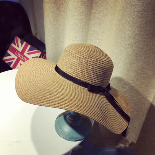 Summer Women Bowknot Wide Brim Panama Hat Outdoor Foldable Beach Hat-Summer Hats-Arimonz-dark brown-Arimonz