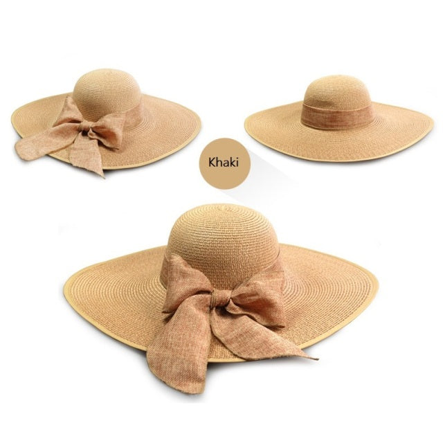 Summer Women Bowknot Wide Brim Panama Hat Outdoor Foldable Beach Hat-Summer Hats-Arimonz-khaki-Arimonz
