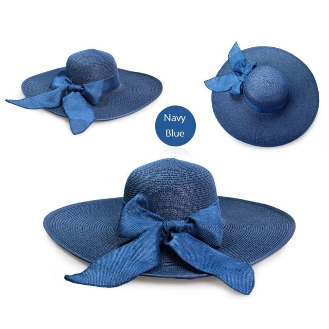 Summer Women Bowknot Wide Brim Panama Hat Outdoor Foldable Beach Hat-Summer Hats-Arimonz-navy blue-Arimonz