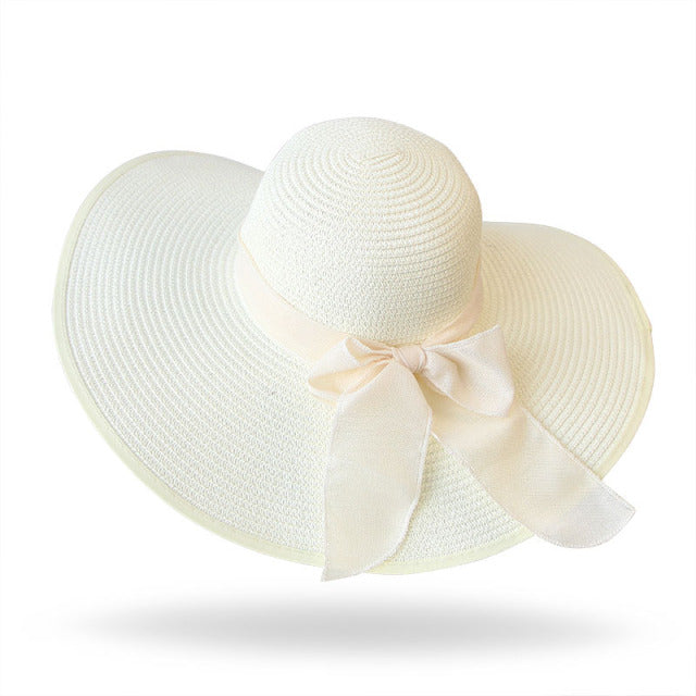 Summer Women Bowknot Wide Brim Panama Hat Outdoor Foldable Beach Hat-Summer Hats-Arimonz-white-Arimonz