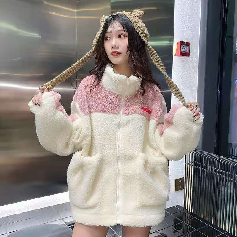 Teddy Bear Fur Oversize Hoodies Women Bomber Jacket Faux Lamb Fur Coat-Fuzzy Jackets-Arimonz-Pink-S-Arimonz