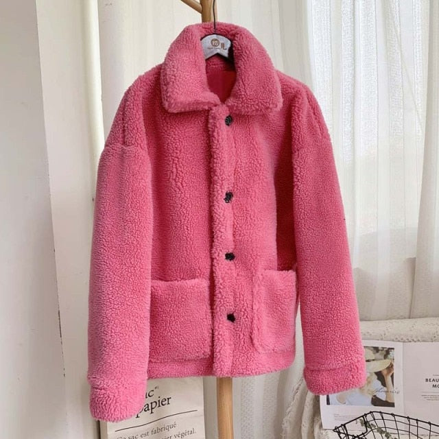 Thicken Warm Teddy Fur Jacket Coat Women Casual Lamb Faux Fur Overcoat-Fuzzy Jackets-Arimonz-Fuschia Pink-S-Arimonz