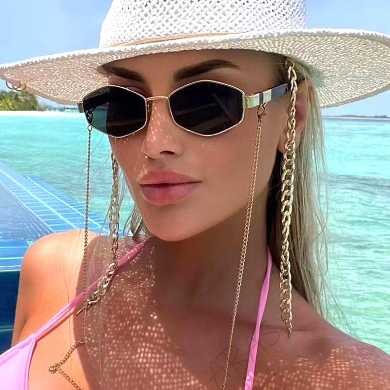 Trendy Retro Hexagon With Chain Sunglass Women Unique Polygon Sunglass-Sunglasses-Arimonz-Arimonz