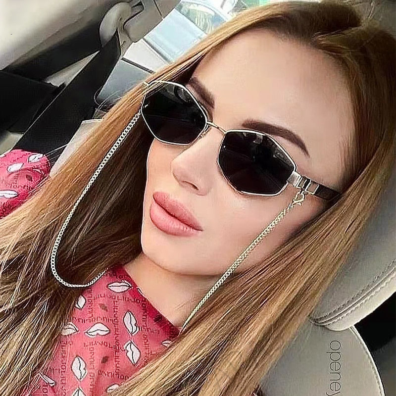 Trendy Retro Hexagon With Chain Sunglass Women Unique Polygon Sunglass-Sunglasses-Arimonz-Arimonz