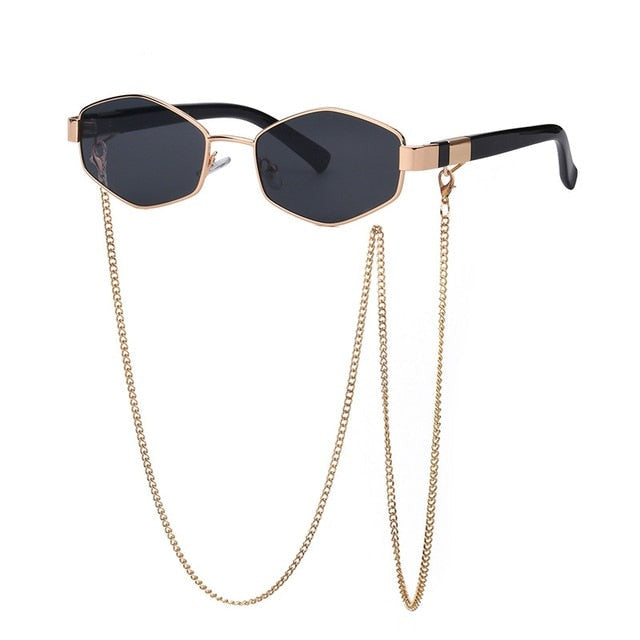 Trendy Retro Hexagon With Chain Sunglass Women Unique Polygon Sunglass-Sunglasses-Arimonz-With A Bag-Gold Black-Arimonz
