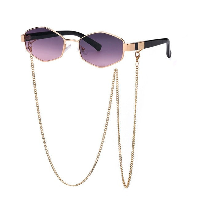 Trendy Retro Hexagon With Chain Sunglass Women Unique Polygon Sunglass-Sunglasses-Arimonz-With A Bag-Purple Pink-Arimonz