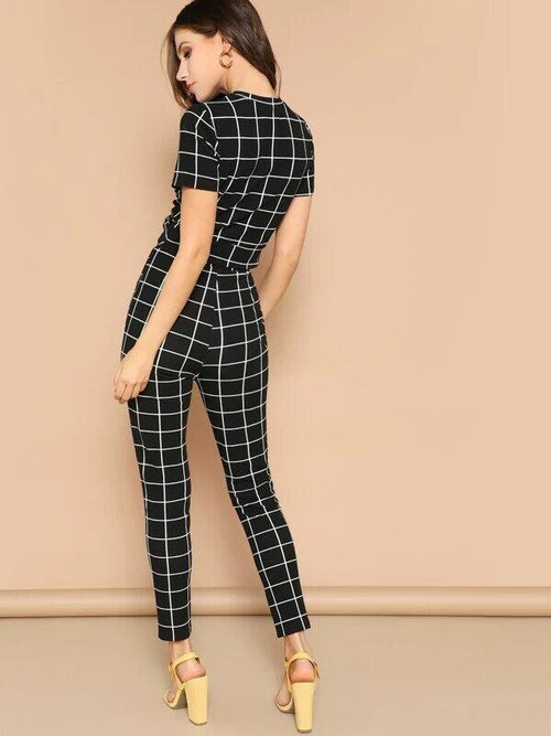 Twist Front Grid Crop Top And Skinny Pants Set-Wear To Work Sets-Arimonz-Arimonz