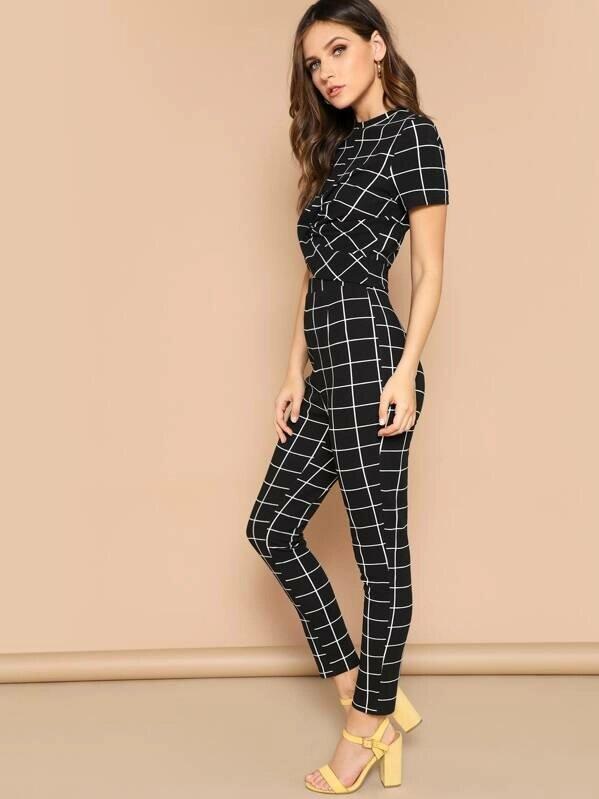 Twist Front Grid Crop Top And Skinny Pants Set-Wear To Work Sets-Arimonz-Arimonz