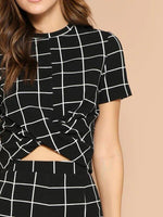 Twist Front Grid Crop Top And Skinny Pants Set-Wear To Work Sets-Arimonz-Arimonz