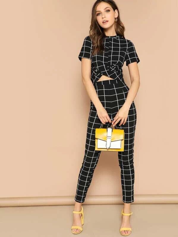 Twist Front Grid Crop Top And Skinny Pants Set-Wear To Work Sets-Arimonz-Arimonz