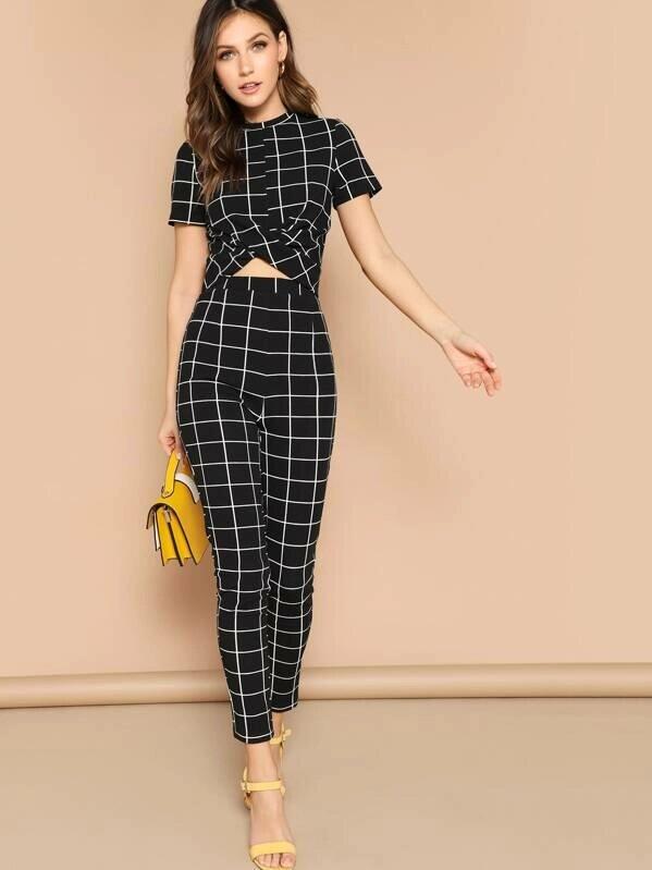 Twist Front Grid Crop Top And Skinny Pants Set-Wear To Work Sets-Arimonz-Arimonz