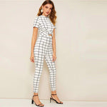 Twist Front Grid Crop Top And Skinny Pants Set-Wear To Work Sets-Arimonz-Arimonz