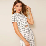 Twist Front Grid Crop Top And Skinny Pants Set-Wear To Work Sets-Arimonz-Arimonz