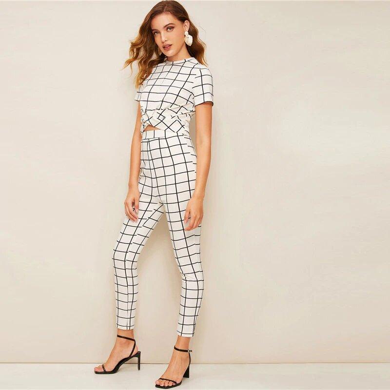 Twist Front Grid Crop Top And Skinny Pants Set-Wear To Work Sets-Arimonz-Arimonz