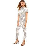 Twist Front Grid Crop Top And Skinny Pants Set-Wear To Work Sets-Arimonz-White-XS-Arimonz