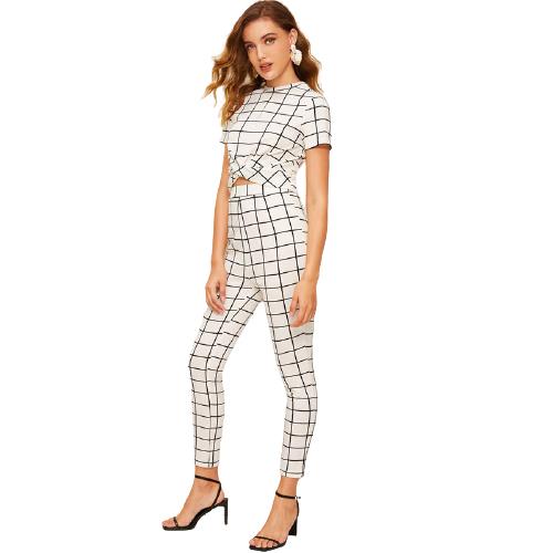 Twist Front Grid Crop Top And Skinny Pants Set-Wear To Work Sets-Arimonz-White-XS-Arimonz