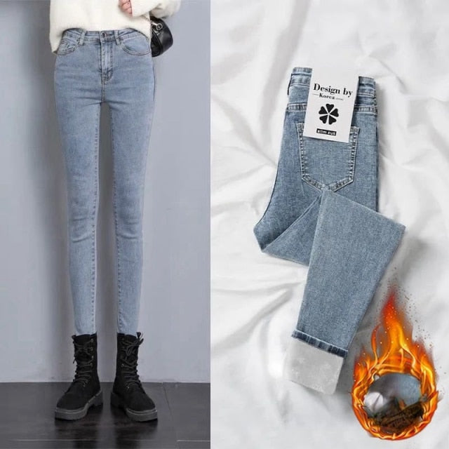 Women Winter Jeans Skinny Pants Fleece Elastic Waist Jeggings – Arimonz