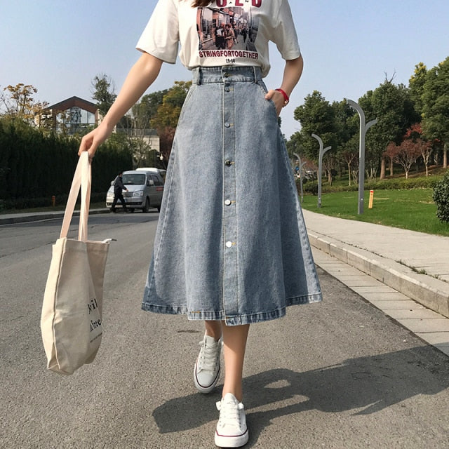 PIKADINGNIS Y2K High Waist Women Long Skirt Vintage Blue Jean Split Midi  Skirts Woman Harajuku Street Loose Denim A-Line Skirt - Walmart.com