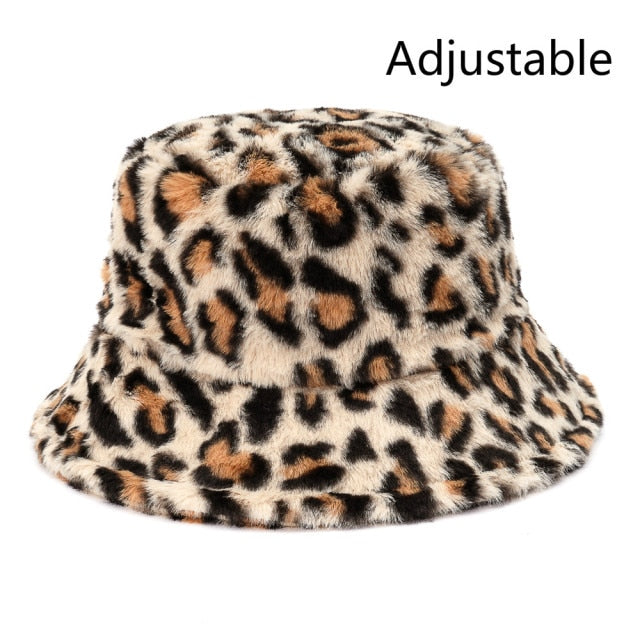 Winter Cow Leopard Faux Fur Fluffy Bucket Hats Women Outdoor Warm Hat