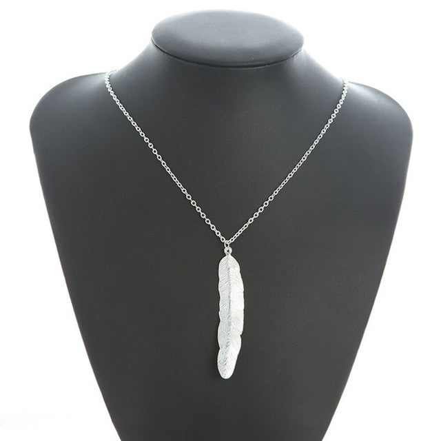 Women Vintage Long Necklace Jewelry Simple Feather Pendant Necklaces