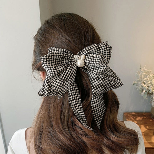 Bowknot Pearl Barrettes Clips Women Ribbon Hair Accessories