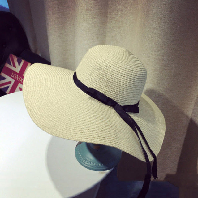Summer Women Bowknot Wide Brim Panama Hat Outdoor Foldable Beach Hat