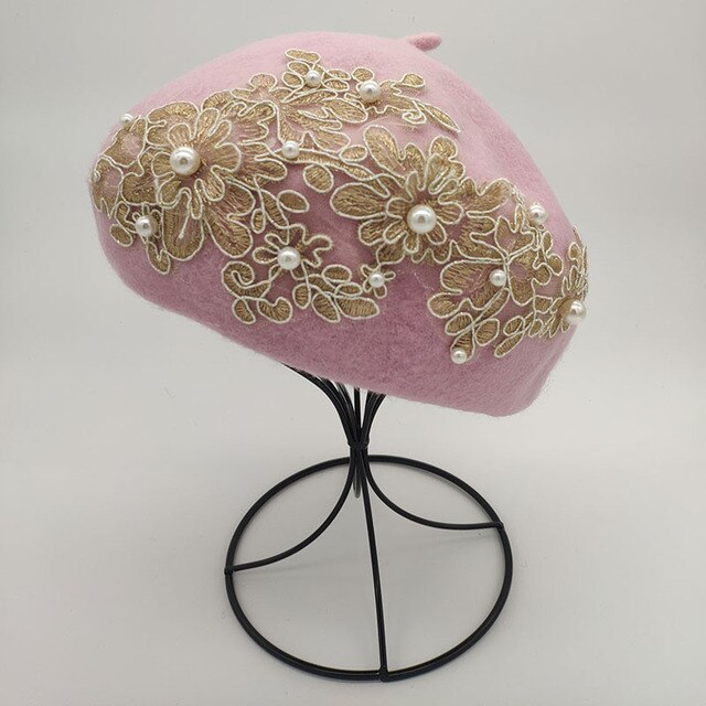 Winter Wool Beret With Lace And Pearls Female Wool Cap