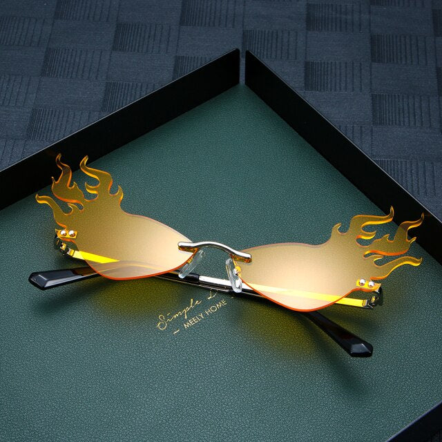Fire Diamond Shape Flame Sunglasses Women Men Rimless Wave Sun Glasses