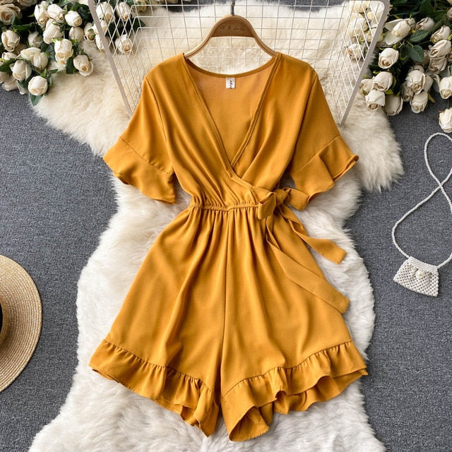 Women Rompers Flared Sleeve Solid Ruffle Wide Leg Short Jumpsuits