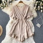 Women Rompers Flared Sleeve Solid Ruffle Wide Leg Short Jumpsuits