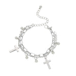 Metal Cross Pendant Charm Bracelet for Women Layering Linked Chain