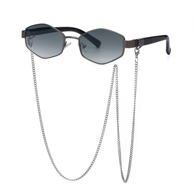 Trendy Retro Hexagon With Chain Sunglasses Women Polygon Sun Glasses