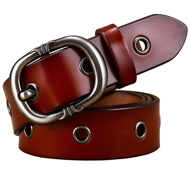 Fashion Metal Hollow Genuine Leather Belts For Women Pin Buckle Belt